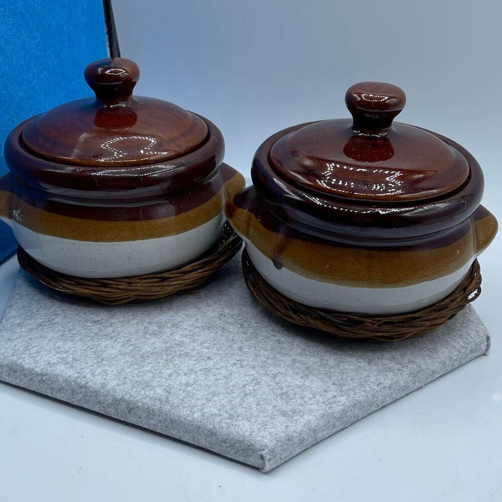 Vintage three-tone brown glazed stoneware lidded soup or bean pots.